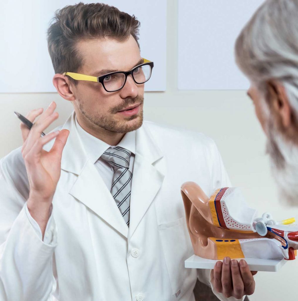 Hearing Expert with model of an ear showing a man how the ear works.